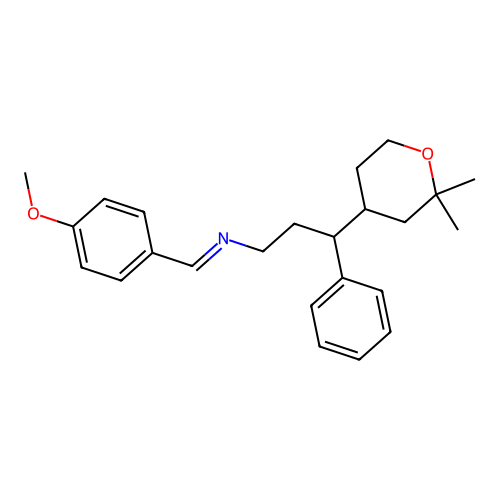 N-[3-(2,2-dimethyloxan-4-yl)-3-phenylpropyl]-1-(4-methoxyphenyl)methanimine structure
