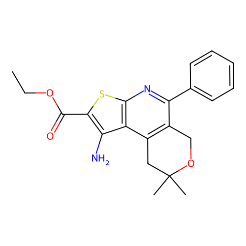 ethyl 1-amino-8,8-dimethyl-5-phenyl-8,9-dihydro-6H-pyrano[4,3-d]thieno[2,3-b]pyridine-2-carboxylate structure