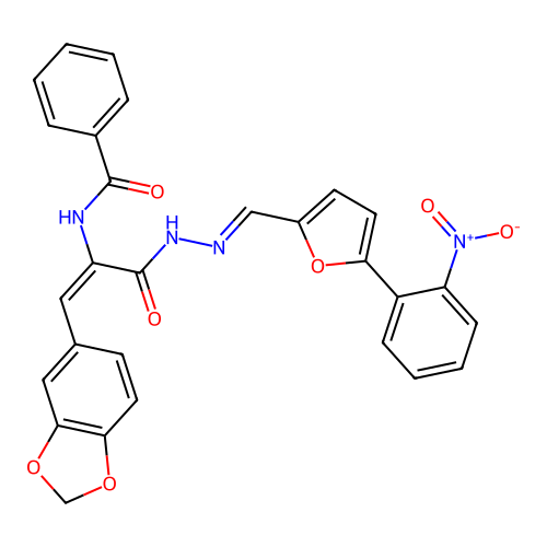 N-((E)-1-(benzo[d][1,3]dioxol-5-yl)-3-((E)-2-((5-(2-nitrophenyl)furan-2-yl)methylene)hydrazinyl)-3-oxoprop-1-en-2-yl)benzamide structure