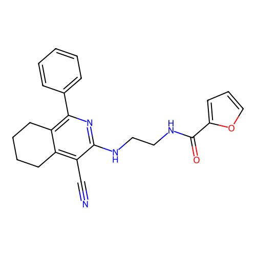N-[2-[(4-cyano-1-phenyl-5,6,7,8-tetrahydroisoquinolin-3-yl)amino]ethyl]furan-2-carboxamide structure