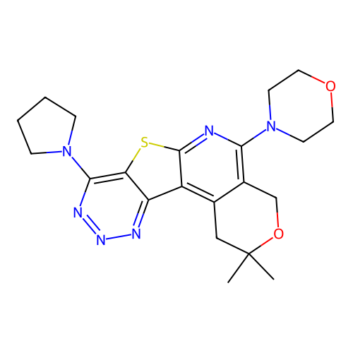 2,2-dimethyl-5-(morpholin-4-yl)-8-(pyrrolidin-1-yl)-1,4-dihydro-2H-pyrano[4'',3'':4',5']pyrido[3',2':4,5]thieno[3,2-d][1,2,3]triazine structure