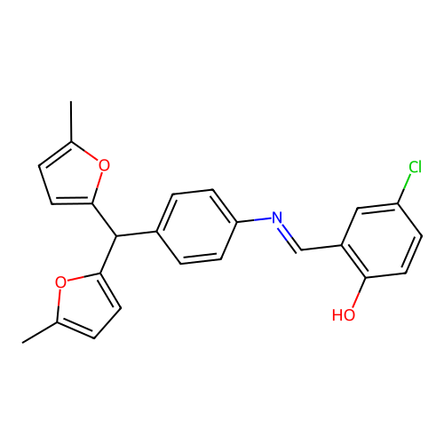 2-[(E)-({4-[bis(5-methylfuran-2-yl)methyl]phenyl}imino)methyl]-4-chlorophenol structure