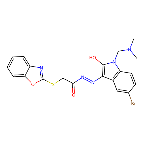 (E)-2-(benzo[d]oxazol-2-ylthio)-N'-(5-bromo-1-((dimethylamino)methyl)-2-oxoindolin-3-ylidene)acetohydrazide structure