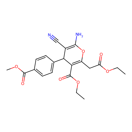 ethyl 6-amino-5-cyano-2-(2-ethoxy-2-oxoethyl)-4-[4-(methoxycarbonyl)phenyl]-4H-pyran-3-carboxylate structure
