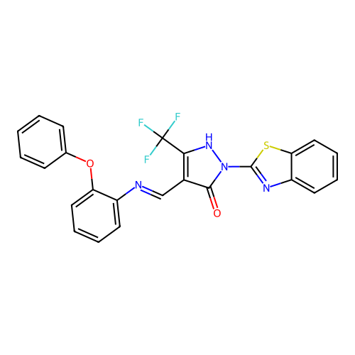 (E)-2-(benzo[d]thiazol-2-yl)-4-(((2-phenoxyphenyl)imino)methyl)-5-(trifluoromethyl)-1H-pyrazol-3(2H)-one structure