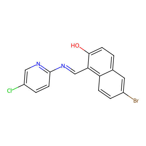 6-bromo-1-{(E)-[(5-chloropyridin-2-yl)imino]methyl}naphthalen-2-ol structure