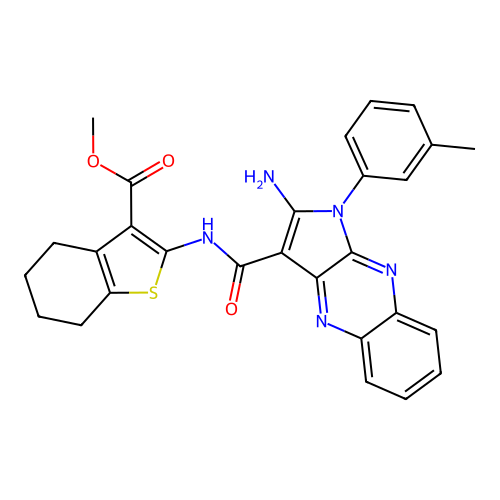 methyl 2-({[2-amino-1-(3-methylphenyl)-1H-pyrrolo[2,3-b]quinoxalin-3-yl]carbonyl}amino)-4,5,6,7-tetrahydro-1-benzothiophene-3-carboxylate structure