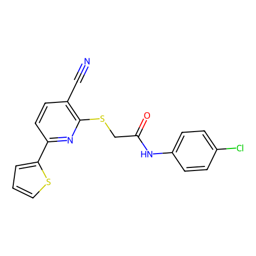N-(4-chlorophenyl)-2-{[3-cyano-6-(thiophen-2-yl)pyridin-2-yl]sulfanyl}acetamide structure