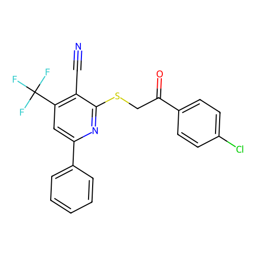 2-((2-(4-chlorophenyl)-2-oxoethyl)thio)-6-phenyl-4-(trifluoromethyl)nicotinonitrile structure