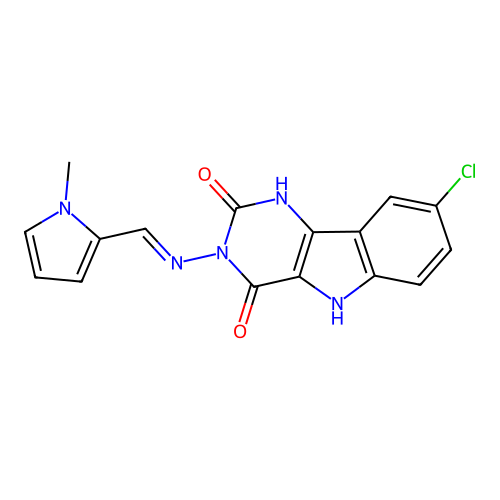 (E)-8-chloro-3-(((1-methyl-1H-pyrrol-2-yl)methylene)amino)-1H-pyrimido[5,4-b]indole-2,4(3H,5H)-dione structure