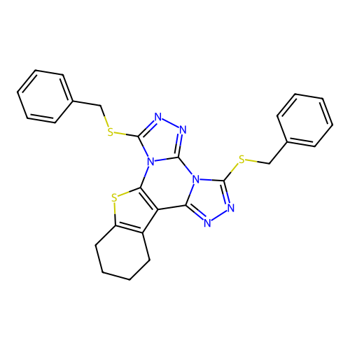 3,7-bis(benzylsulfanyl)-10,11,12,13-tetrahydro[1]benzothieno[3,2-e]bis[1,2,4]triazolo[4,3-a:4',3'-c]pyrimidine structure