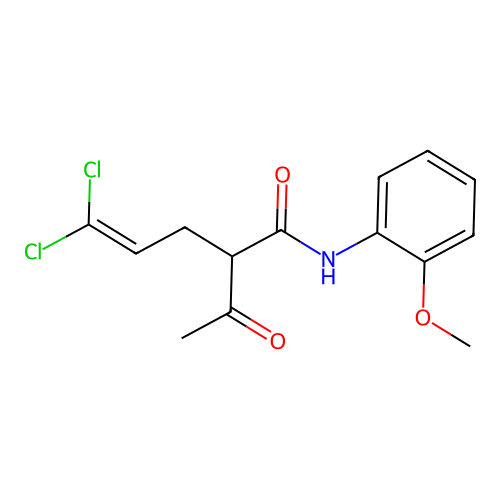 2-acetyl-5,5-dichloro-N-(2-methoxyphenyl)pent-4-enamide structure