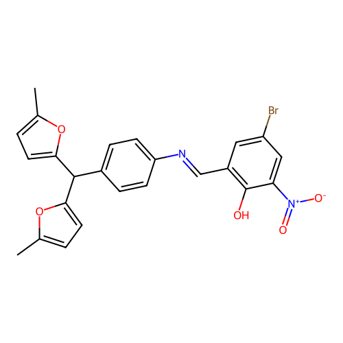 2-[(E)-({4-[bis(5-methylfuran-2-yl)methyl]phenyl}imino)methyl]-4-bromo-6-nitrophenol structure
