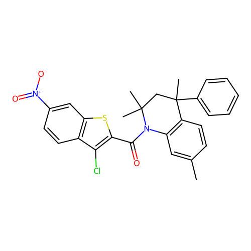 (3-chloro-6-nitro-1-benzothiophen-2-yl)(2,2,4,7-tetramethyl-4-phenyl-3,4-dihydroquinolin-1(2H)-yl)methanone structure