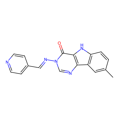 (E)-8-methyl-3-((pyridin-4-ylmethylene)amino)-3H-pyrimido[5,4-b]indol-4(5H)-one structure