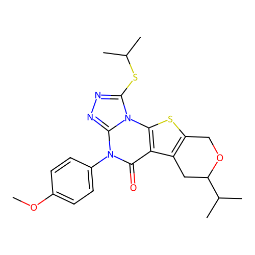 4-(4-methoxyphenyl)-7-(propan-2-yl)-1-(propan-2-ylsulfanyl)-6,9-dihydro-7H-pyrano[4',3':4,5]thieno[3,2-e][1,2,4]triazolo[4,3-a]pyrimidin-5(4H)-one structure