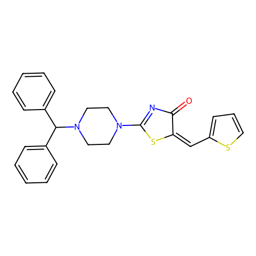 (E)-2-(4-benzhydrylpiperazin-1-yl)-5-(thiophen-2-ylmethylene)thiazol-4(5H)-one structure