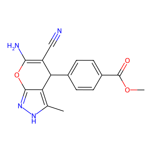 Methyl 4-(6-amino-5-cyano-3-methyl-2,4-dihydropyrano[2,3-c]pyrazol-4-yl)benzoate structure