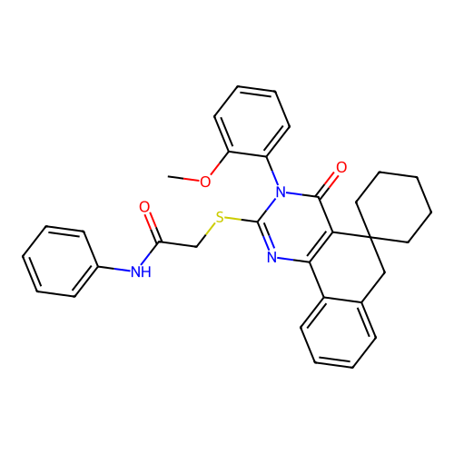 2-((3-(2-methoxyphenyl)-4-oxo-4,6-dihydro-3H-spiro[benzo[h]quinazoline-5,1'-cyclohexan]-2-yl)thio)-N-phenylacetamide structure