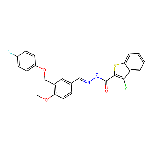 3-chloro-N'-(3-((4-fluorophenoxy)methyl)-4-methoxybenzylidene)benzo[b]thiophene-2-carbohydrazide structure