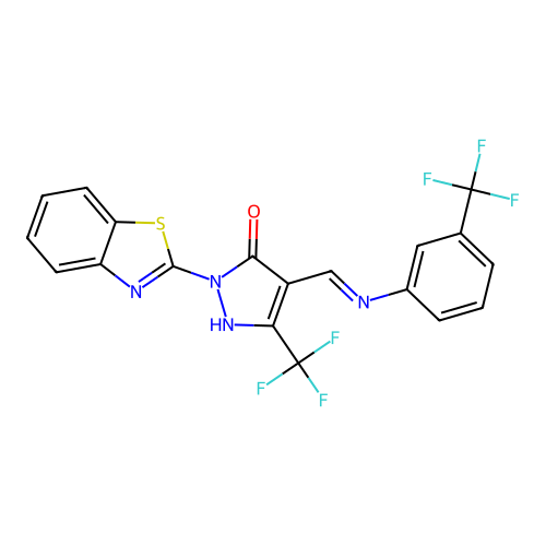 (4E)-2-(1,3-benzothiazol-2-yl)-5-(trifluoromethyl)-4-({[3-(trifluoromethyl)phenyl]amino}methylidene)-2,4-dihydro-3H-pyrazol-3-one structure