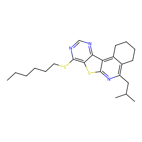 8-(hexylthio)-5-isobutyl-1,2,3,4-tetrahydropyrimido[4',5':4,5]thieno[2,3-c]isoquinoline structure