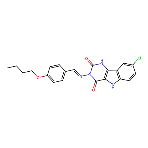 (E)-3-((4-butoxybenzylidene)amino)-8-chloro-1H-pyrimido[5,4-b]indole-2,4(3H,5H)-dione structure
