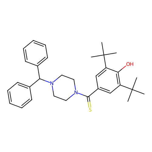 (3,5-di-tert-butyl-4-hydroxyphenyl)[4-(diphenylmethyl)piperazin-1-yl]methanethione structure