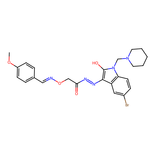 N'-(5-bromo-2-oxo-1-(piperidin-1-ylmethyl)indolin-3-ylidene)-2-(((4-methoxybenzylidene)amino)oxy)acetohydrazide structure