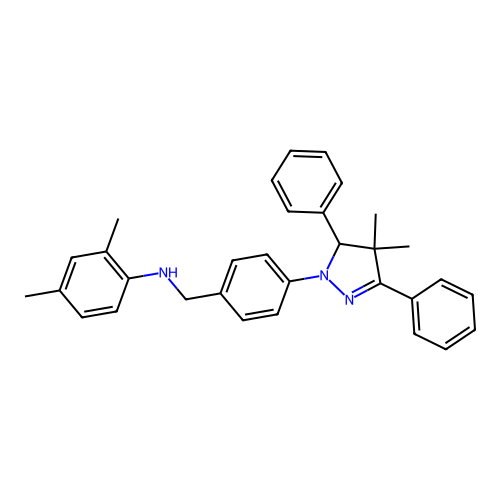 N-(4-(4,4-dimethyl-3,5-diphenyl-4,5-dihydro-1H-pyrazol-1-yl)benzyl)-2,4-dimethylaniline structure