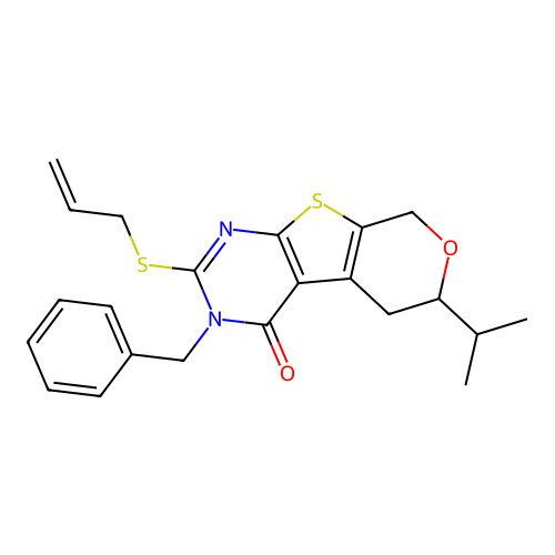 2-(allylthio)-3-benzyl-6-isopropyl-5,6-dihydro-3H-pyrano[4',3':4,5]thieno[2,3-d]pyrimidin-4(8H)-one structure