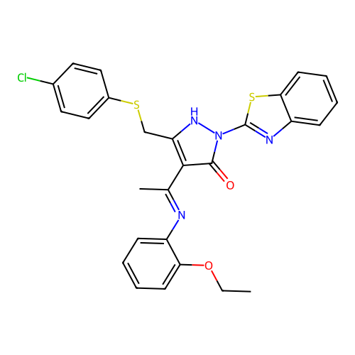 (E)-1-(benzo[d]thiazol-2-yl)-3-(((4-chlorophenyl)thio)methyl)-4-(1-((2-ethoxyphenyl)amino)ethylidene)-1H-pyrazol-5(4H)-one structure