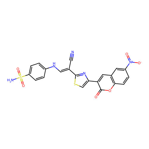 (E)-4-((2-cyano-2-(4-(6-nitro-2-oxo-2H-chromen-3-yl)thiazol-2-yl)vinyl)amino)benzenesulfonamide structure