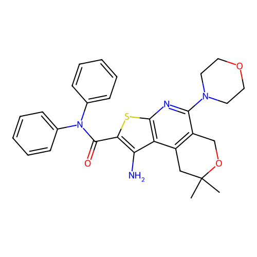 1-amino-8,8-dimethyl-5-(morpholin-4-yl)-N,N-diphenyl-8,9-dihydro-6H-pyrano[4,3-d]thieno[2,3-b]pyridine-2-carboxamide structure