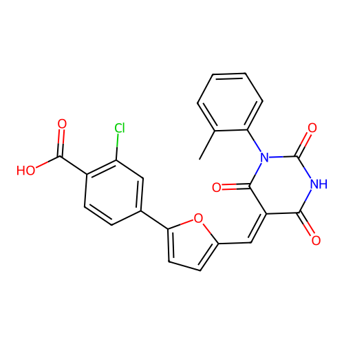 2-chloro-4-(5-{(Z)-[1-(2-methylphenyl)-2,4,6-trioxotetrahydropyrimidin-5(2H)-ylidene]methyl}furan-2-yl)benzoic acid structure