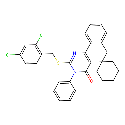 2-((2,4-dichlorobenzyl)thio)-3-phenyl-3H-spiro[benzo[h]quinazoline-5,1'-cyclohexan]-4(6H)-one structure