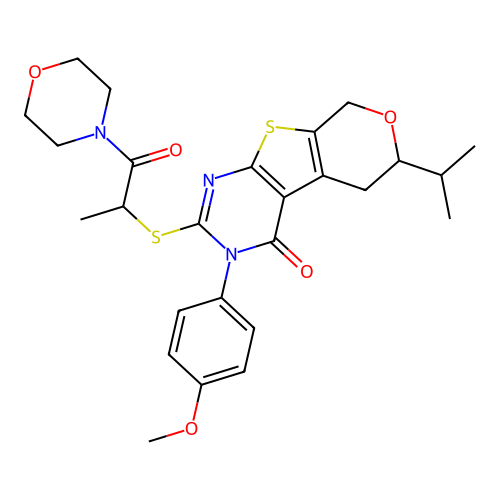 3-(4-methoxyphenyl)-2-{[1-(morpholin-4-yl)-1-oxopropan-2-yl]sulfanyl}-6-(propan-2-yl)-3,5,6,8-tetrahydro-4H-pyrano[4',3':4,5]thieno[2,3-d]pyrimidin-4-one structure