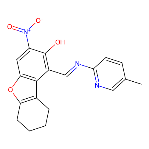 1-[[(5-methylpyridin-2-yl)amino]methylidene]-3-nitro-6,7,8,9-tetrahydrodibenzofuran-2-one structure