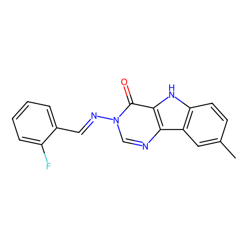 (E)-3-((2-fluorobenzylidene)amino)-8-methyl-3H-pyrimido[5,4-b]indol-4(5H)-one structure