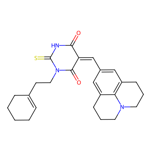 (5Z)-1-[2-(cyclohex-1-en-1-yl)ethyl]-2-sulfanyl-5-(2,3,6,7-tetrahydro-1H,5H-pyrido[3,2,1-ij]quinolin-9-ylmethylidene)pyrimidine-4,6(1H,5H)-dione structure