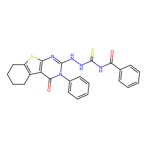 N-(2-(4-oxo-3-phenyl-3,4,5,6,7,8-hexahydrobenzo[4,5]thieno[2,3-d]pyrimidin-2-yl)hydrazinecarbonothioyl)benzamide structure