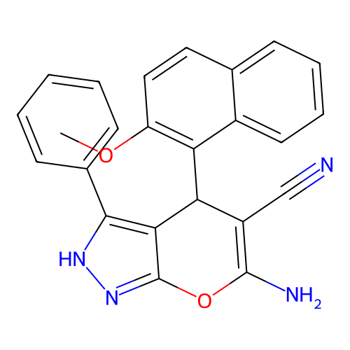 6-amino-4-(2-methoxynaphthalen-1-yl)-3-phenyl-1,4-dihydropyrano[2,3-c]pyrazole-5-carbonitrile structure