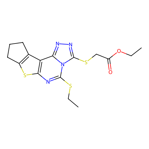 ethyl {[5-(ethylsulfanyl)-9,10-dihydro-8H-cyclopenta[4,5]thieno[3,2-e][1,2,4]triazolo[4,3-c]pyrimidin-3-yl]sulfanyl}acetate structure