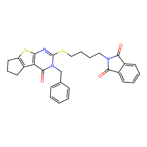 2-(4-((3-benzyl-4-oxo-4,5,6,7-tetrahydro-3H-cyclopenta[4,5]thieno[2,3-d]pyrimidin-2-yl)thio)butyl)isoindoline-1,3-dione structure