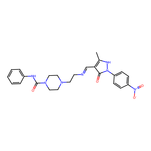 (E)-4-(2-(((3-methyl-1-(4-nitrophenyl)-5-oxo-1H-pyrazol-4(5H)-ylidene)methyl)amino)ethyl)-N-phenylpiperazine-1-carboxamide structure