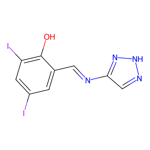 (E)-2-(((2H-1,2,3-triazol-4-yl)imino)methyl)-4,6-diiodophenol structure