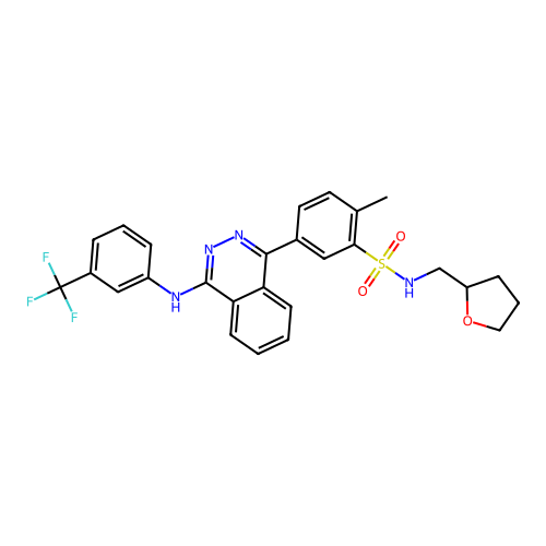 2-methyl-N-(tetrahydrofuran-2-ylmethyl)-5-(4-{[3-(trifluoromethyl)phenyl]amino}phthalazin-1-yl)benzenesulfonamide structure