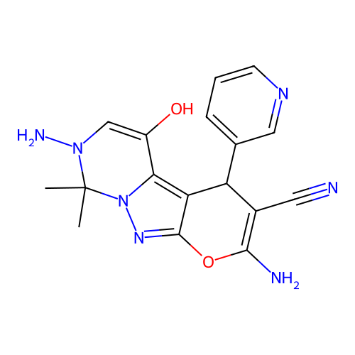2,7-diamino-5-hydroxy-8,8-dimethyl-4-(pyridin-3-yl)-7,8-dihydro-4H-pyrano[2',3':3,4]pyrazolo[1,5-c]pyrimidine-3-carbonitrile structure