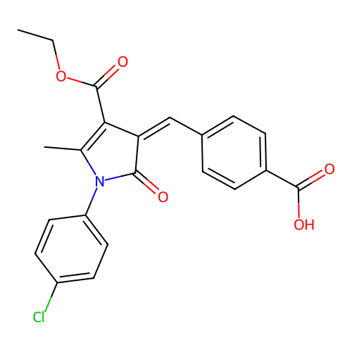4-{(Z)-[1-(4-chlorophenyl)-4-(ethoxycarbonyl)-5-methyl-2-oxo-1,2-dihydro-3H-pyrrol-3-ylidene]methyl}benzoic acid structure
