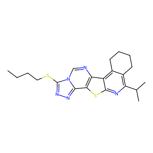 3-(butylsulfanyl)-11-(propan-2-yl)-7,8,9,10-tetrahydro[1,2,4]triazolo[4'',3'':1',6']pyrimido[4',5':4,5]thieno[2,3-c]isoquinoline structure